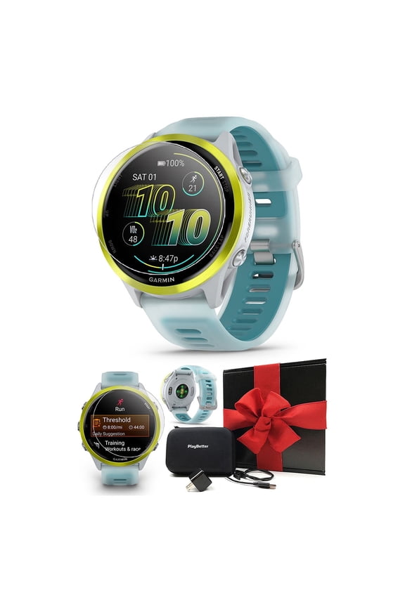 Garmin Forerunner 570 (47mm - Whitestone/Turquoise) Running GPS Smartwatch Gift Box Bundle with PlayBetter HD Screen Protectors, Wall Adapter & Hard Case