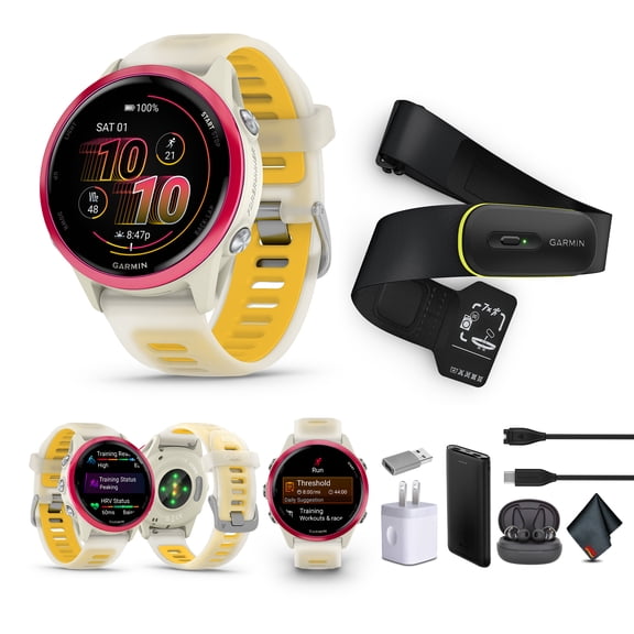 Garmin Forerunner 570 Running Smartwatch, 42MM WiFi, GPS Fitness Smart Watch For Men And Women, Raspberry Aluminum with Translucent Bone/Mango Band + Access 600 Fitness Monitor, M-XL + More
