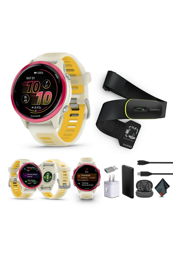 Forerunner 570 Running Smartwatch, 42MM WiFi, GPS Fitness Smart Watch For Men And Women, Raspberry Aluminum with Translucent Bone/Mango Band + Access 600 Fitness Monitor, M-XL + More