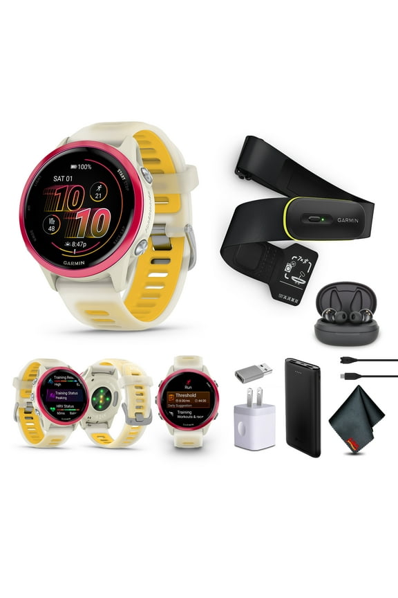 Forerunner 570 Running Smartwatch, 42MM WiFi, GPS Fitness Smart Watch For Men And Women, Raspberry Aluminum with Translucent Bone/Mango Band + Access 600 Fitness Monitor, XS-S + More