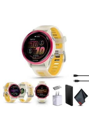 Forerunner 570 42mm GPS Running Smartwatch, Raspberry with Bone and Mango Band Bundle