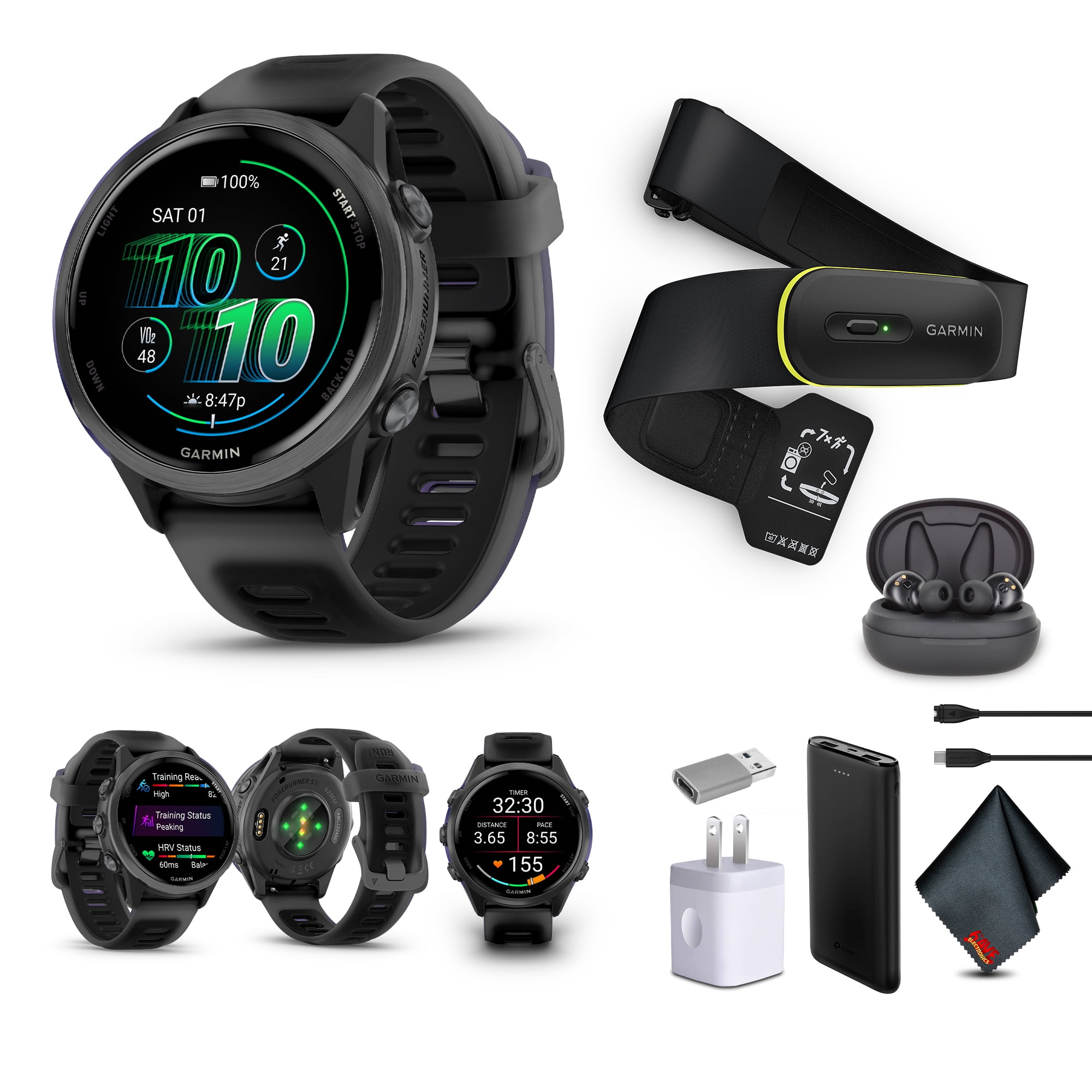 Garmin Forerunner 570 Running Smartwatch, 42MM WiFi, GPS Fitness Smart Watch For Men And Women, Slate Gray Aluminum with Translucent Black/Black Band​​ + Access 600 Fitness Monitor, XS-S​​ + More