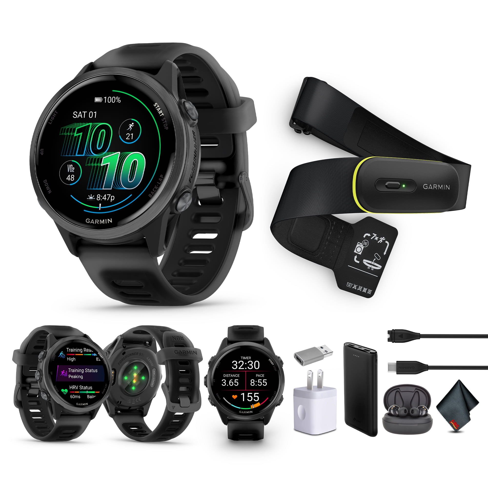 Garmin Forerunner 570 Running Smartwatch, 42MM WiFi, GPS Fitness Smart Watch For Men And Women, Slate Gray Aluminum with Translucent Black/Black Band​​ + Access 600 Fitness Monitor, M-XL​ + More