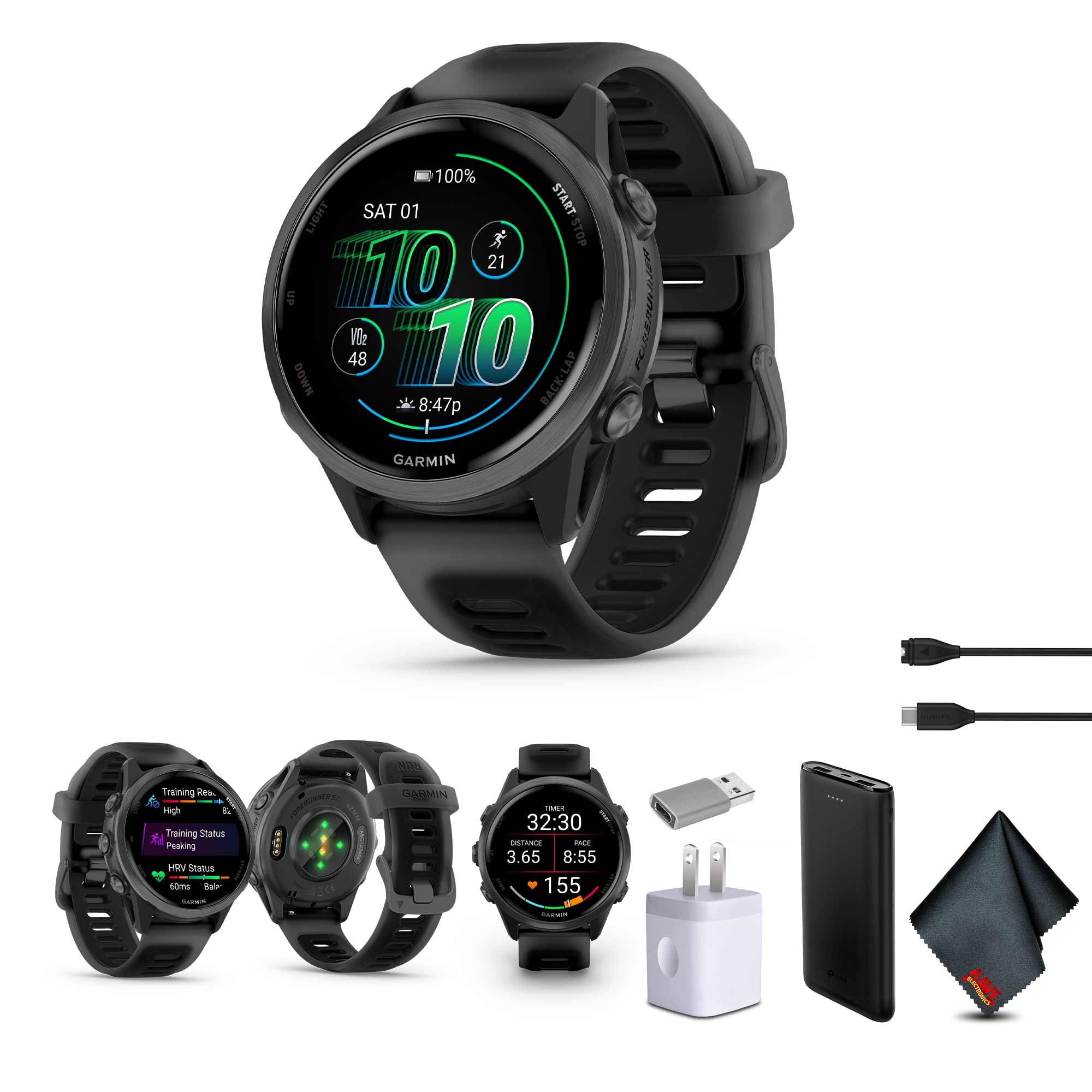 Garmin Forerunner 570 Running Smartwatch, 42MM WiFi, GPS Fitness Smart Watch For Men And Women, Slate Gray Aluminum with Translucent Black/Black Band​ Bundle With P-Bank + More