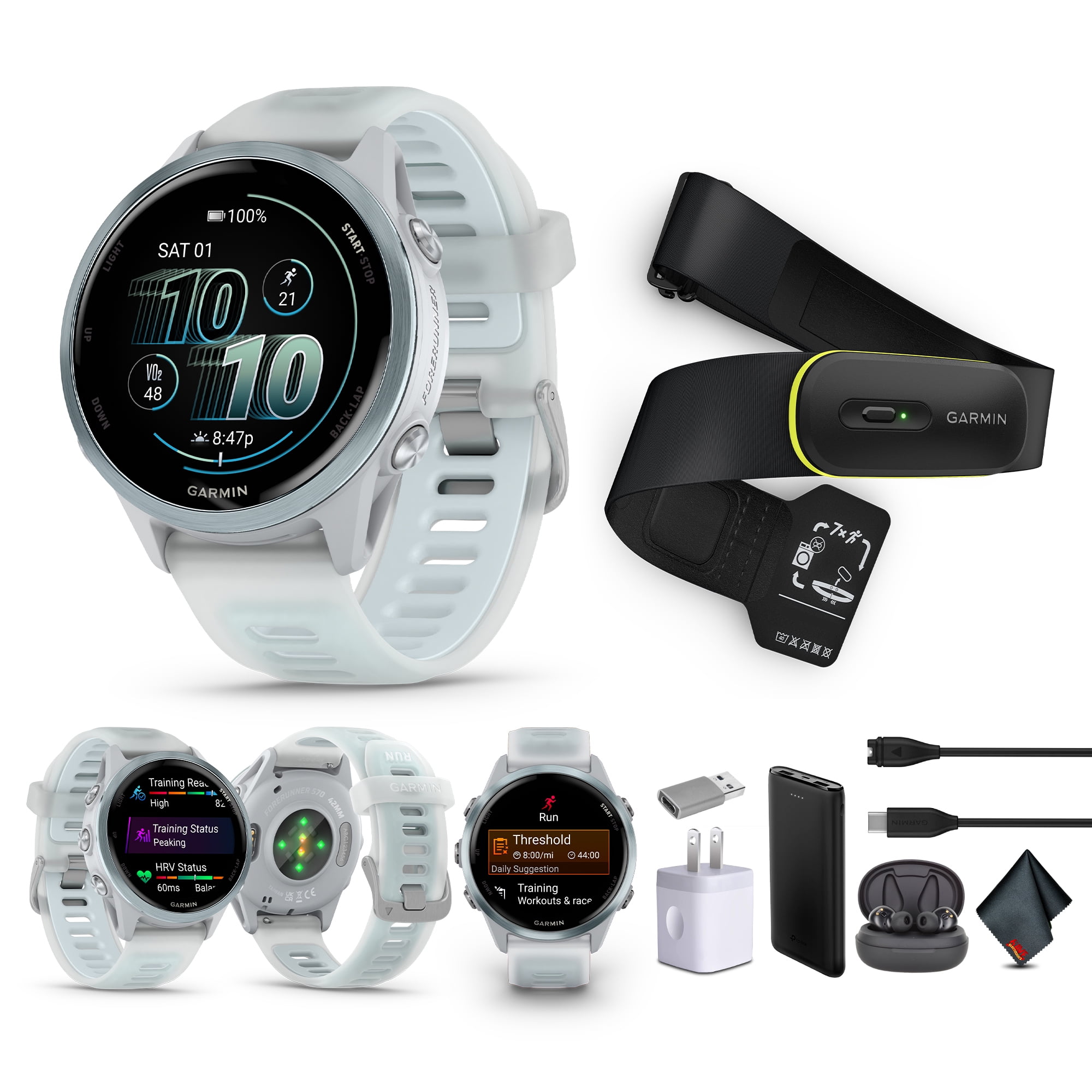 Garmin Forerunner 570 Running Smartwatch, 42MM WiFi, GPS Fitness Watch For Men And Women, Cloud Blue Aluminum with Translucent Whitestone/Cloud Blue Band​​ + Access 600 Fitness Monitor, M-XL​ + More
