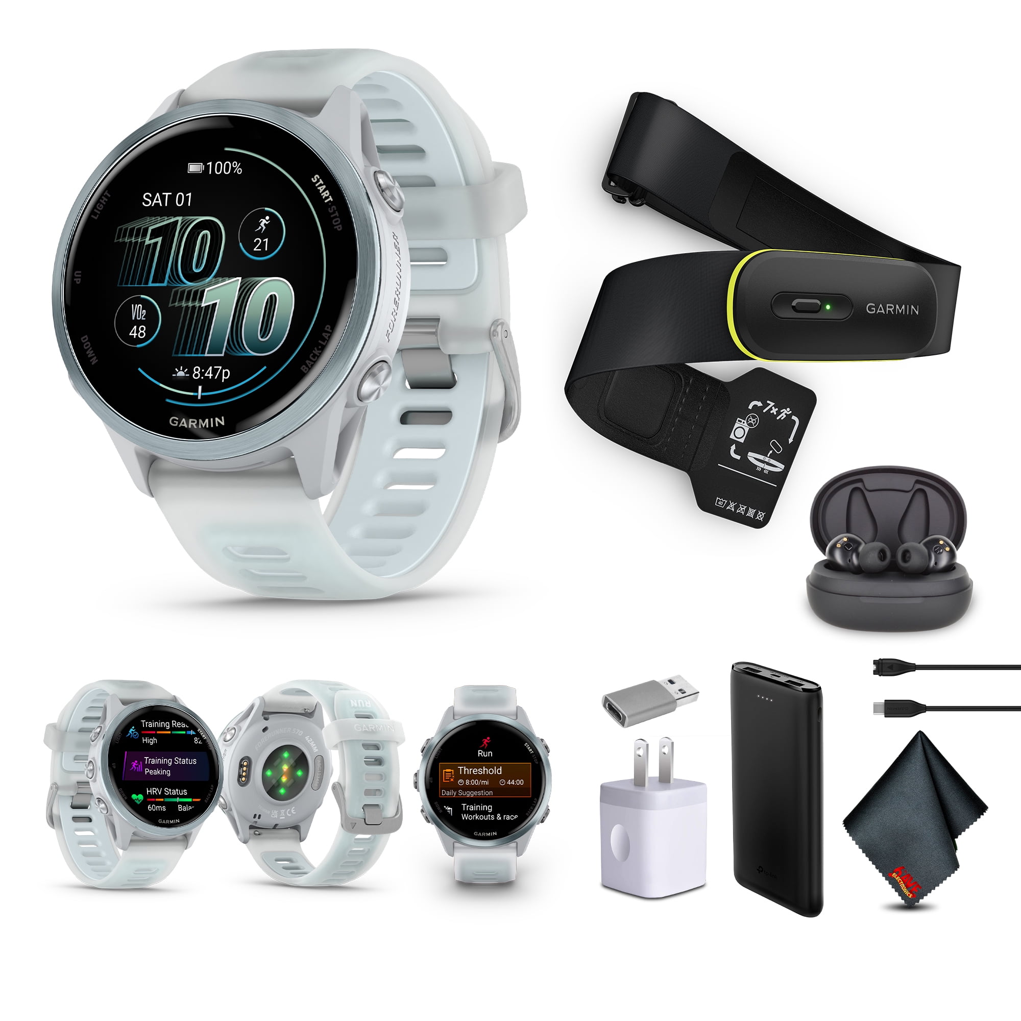 Garmin Forerunner 570 Running Smartwatch, 42MM WiFi, GPS Fitness Watch For Men And Women, Cloud Blue Aluminum with Translucent Whitestone/Cloud Blue Band​​ + Access 600 Fitness Monitor XS-S​​ + More