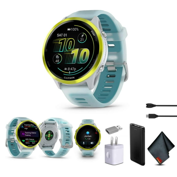 Garmin Forerunner 570 Running Smartwatch, 47MM WiFi, GPS Fitness Smart Watch For Men And Women, Amp Yellow Aluminum with Translucent Whitestone/Turquoise Band Bundle With P-Bank + More