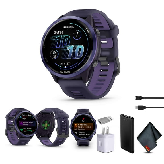 Garmin Forerunner 570 Running Smartwatch, 47MM WiFi, GPS Fitness Smart Watch For Men And Women, Indigo Aluminum with Translucent Imperial Purple/Indigo Band Bundle With P-Bank + More