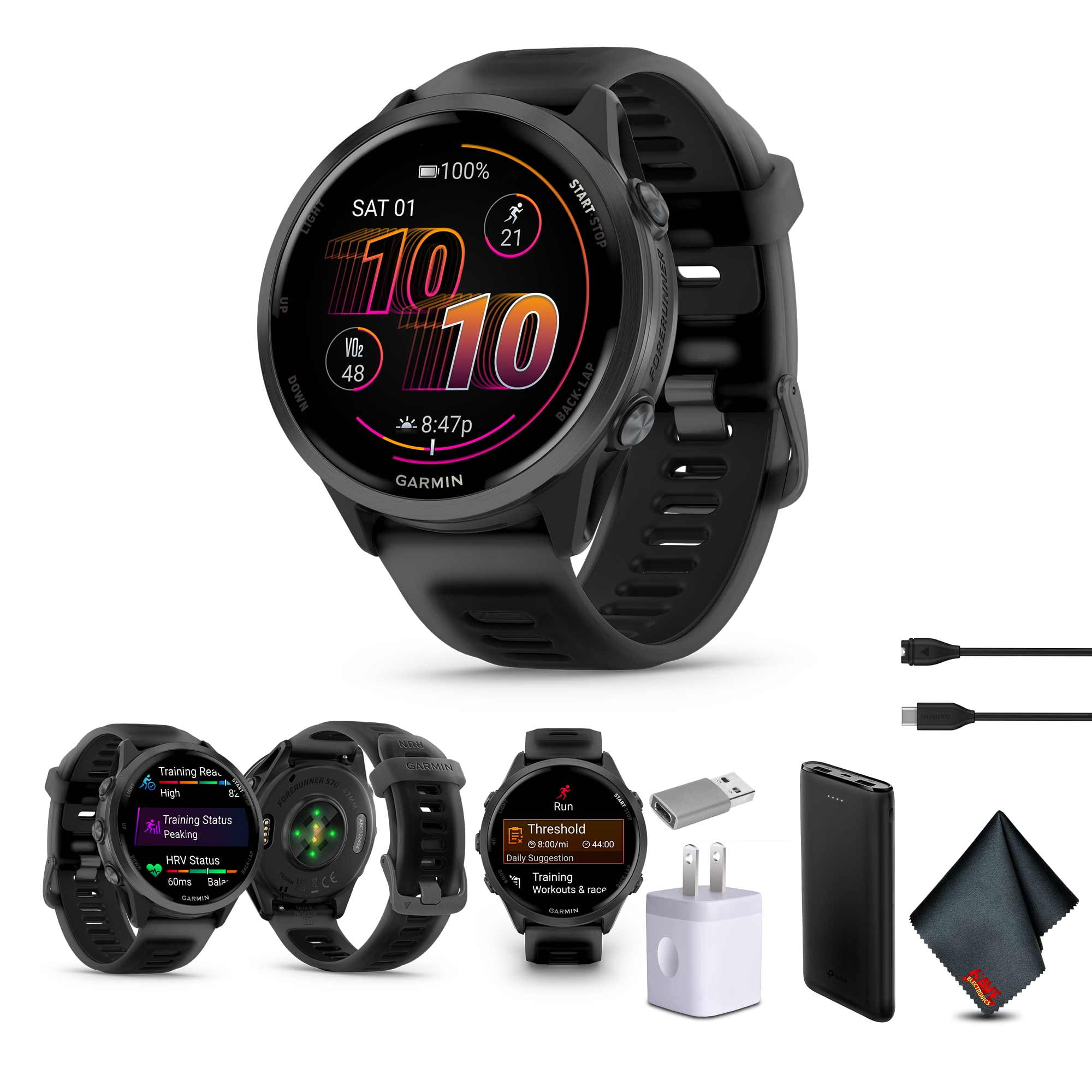 Garmin Forerunner 570 Running Smartwatch, 47MM WiFi, GPS Fitness Smart Watch For Men And Women, Slate Gray Aluminum with Translucent Black/Black Band​ Bundle With P-Bank + More