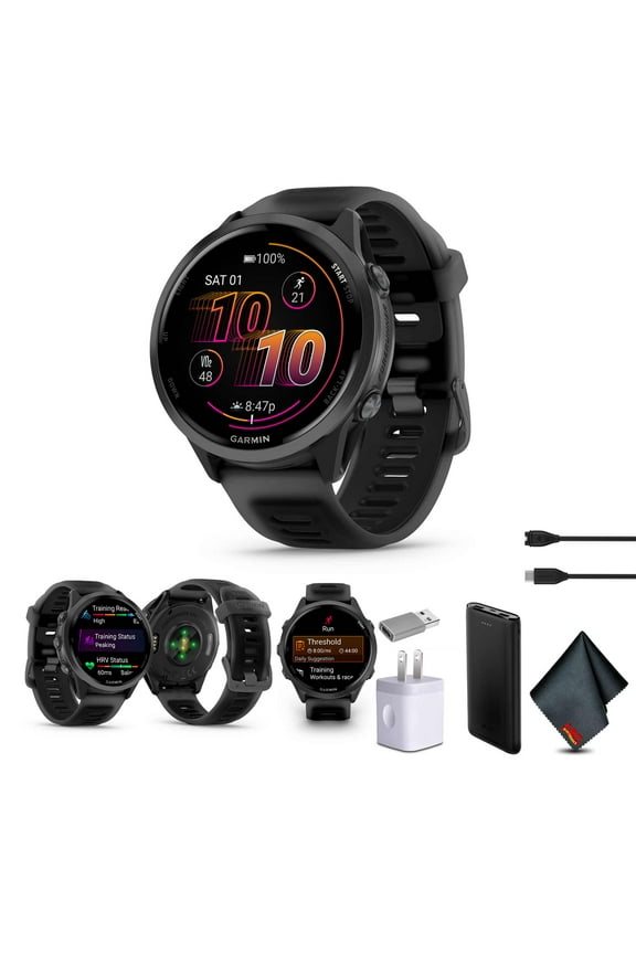 Forerunner 570 Running Smartwatch, 47MM WiFi, GPS Fitness Smart Watch For Men And Women, Slate Gray Aluminum with Translucent Black/Black Band Bundle With P-Bank + More