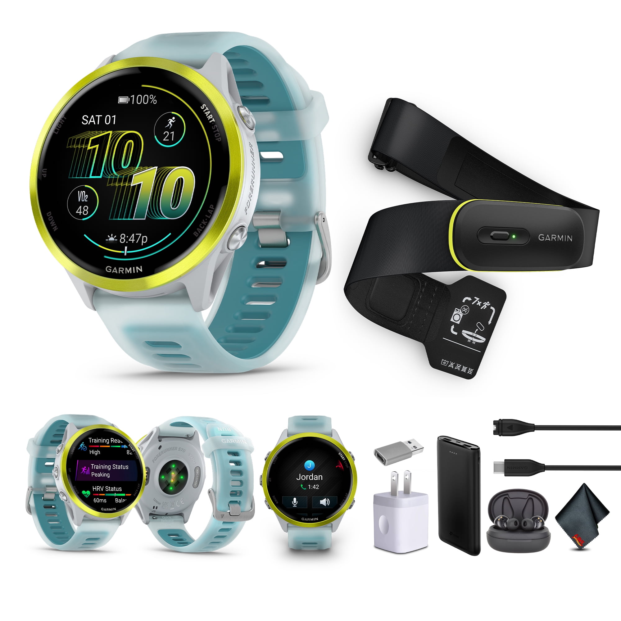 Garmin Forerunner 570 Running Smartwatch, 47MM WiFi, GPS Fitness Watch For Men And Women, Amp Yellow Aluminum with Translucent Whitestone/Turquoise Band​ + Access 600 Fitness Monitor, M-XL​ + More