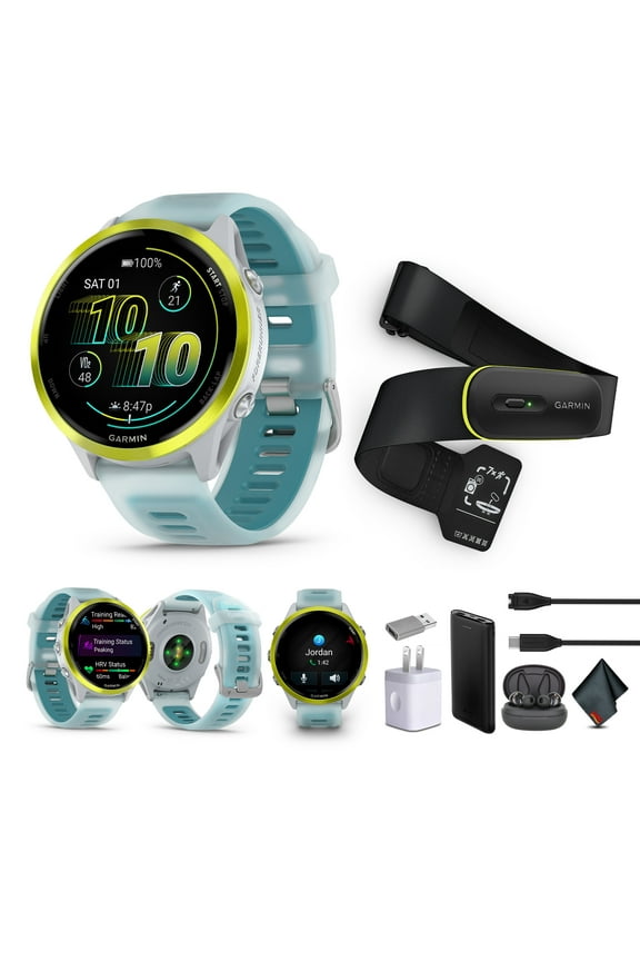 Forerunner 570 Running Smartwatch, 47MM WiFi, GPS Fitness Watch For Men And Women, Amp Yellow Aluminum with Translucent Whitestone/Turquoise Band + Access 600 Fitness Monitor, M-XL + More