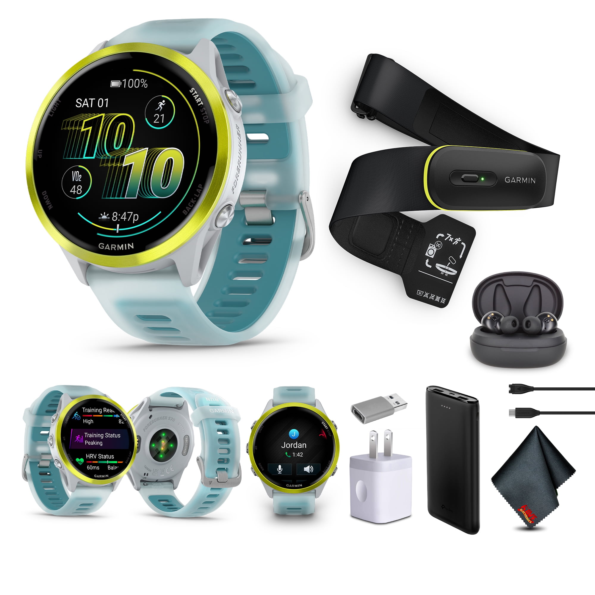 Garmin Forerunner 570 Running Smartwatch, 47MM WiFi, GPS Fitness Watch For Men And Women, Amp Yellow Aluminum with Translucent Whitestone/Turquoise Band​ + Access 600 Fitness Monitor, XS-S​​ + More