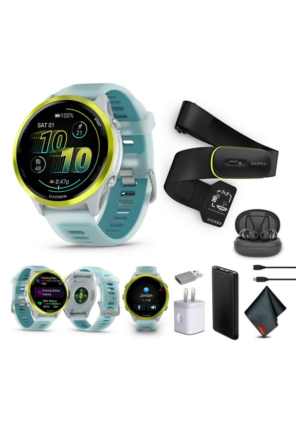 Forerunner 570 Running Smartwatch, 47MM WiFi, GPS Fitness Watch For Men And Women, Amp Yellow Aluminum with Translucent Whitestone/Turquoise Band + Access 600 Fitness Monitor, XS-S + More
