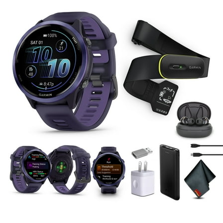 Garmin Forerunner 570 Running Smartwatch, 47MM WiFi, GPS Fitness Watch For Men And Women, Indigo Aluminum with Translucent Imperial Purple/Indigo Band + Access 600 Fitness Monitor, XS-S + More