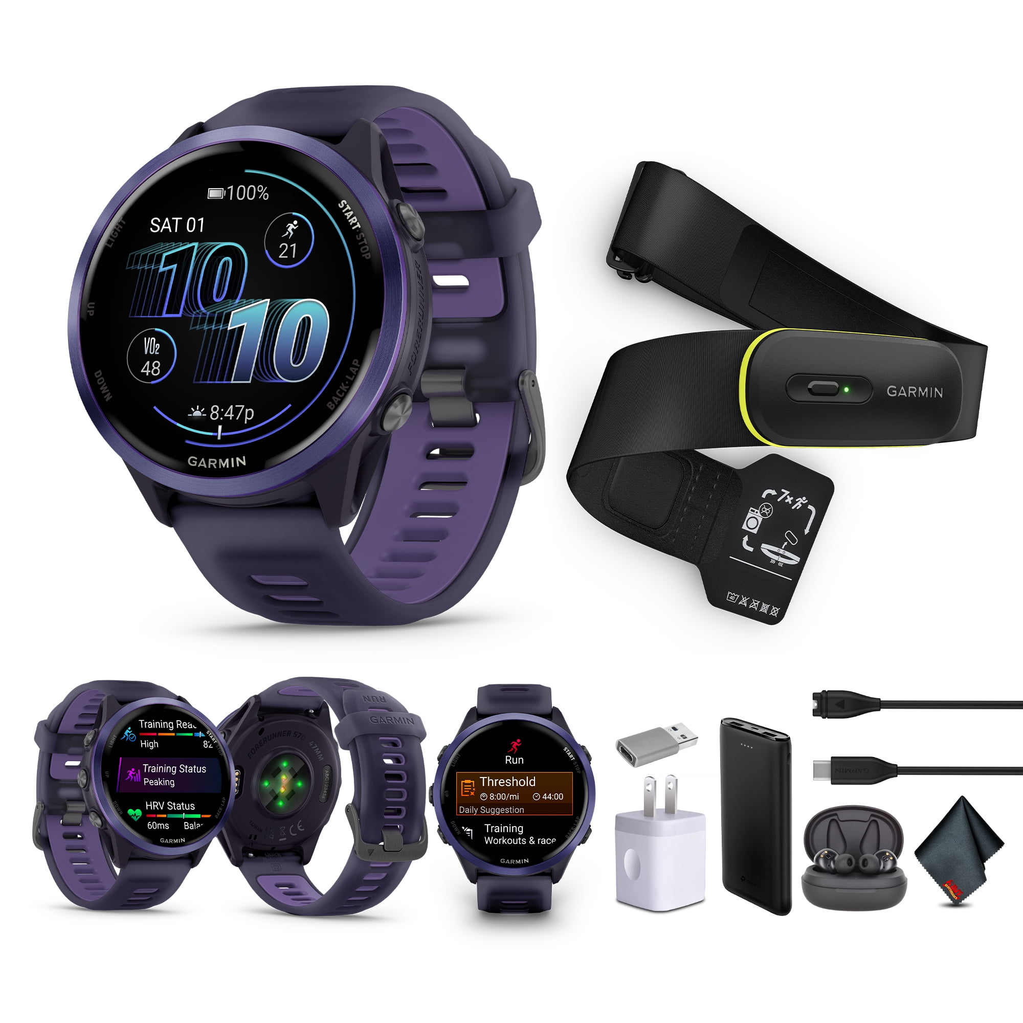 Garmin Forerunner 570 Running Smartwatch, 47MM WiFi, GPS Fitness Watch For Men And Women, Indigo Aluminum with Translucent Imperial Purple/Indigo Band​ + Access 600 Fitness Monitor, M-XL​ + More