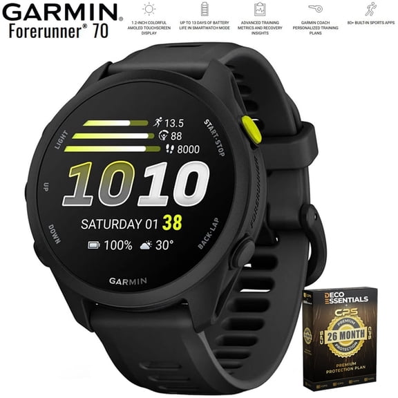 Garmin Forerunner 70 Black 010-04307-00 Bundle with Deco Essentials Exclusive 26 Month CPS Enhanced Protection Pack