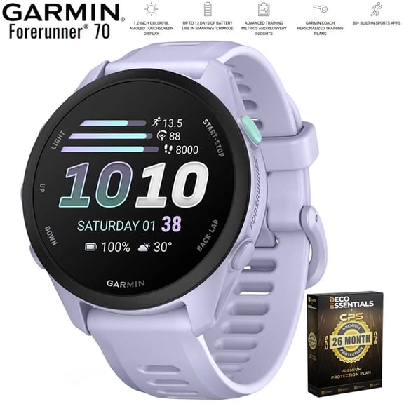 Garmin Forerunner 70 Cool Lavender 010-04307-03 Bundle with Deco Essentials Exclusive 26 Month CPS Enhanced Protection Pack