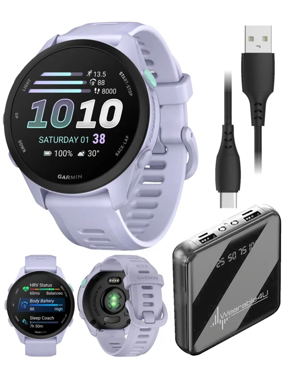 Garmin Forerunner 70 Easy-to-Use GPS Running Smartwatch, Advanced Training Metrics and Recovery Insights, Up to 13 Days of Battery Life, Cool Lavender with Wearable4U PowerBank Bundle