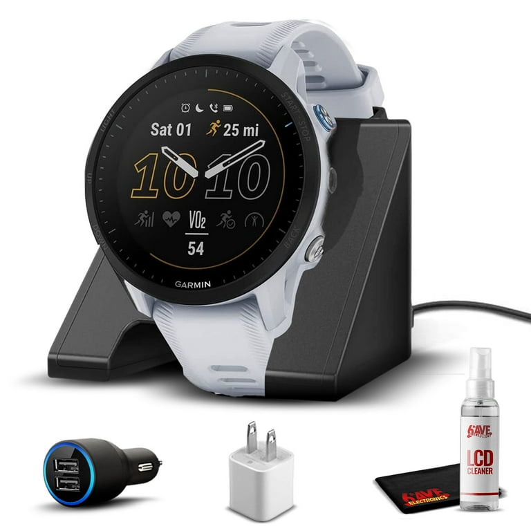 Garmin Forerunner 955 (White) Running & Triathlon Smartwatch Travel Bundle  - Touchscreen, Multi-Band GPS, & Training Status with Watch Charging Base &  6Ave Travel Kit 