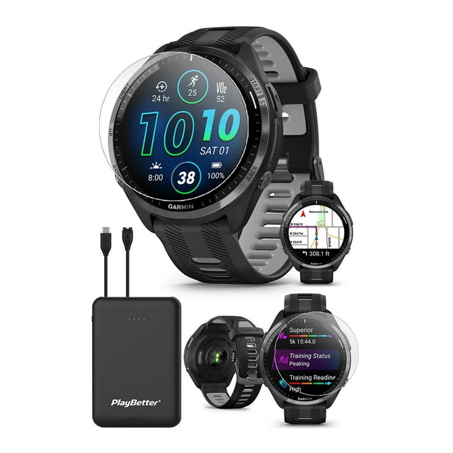 Garmin Forerunner 965 (Black/Powder Gray) Premium Running & Triathlon GPS Smartwatch | Bundle with PlayBetter Screen Protectors & Portable Charger