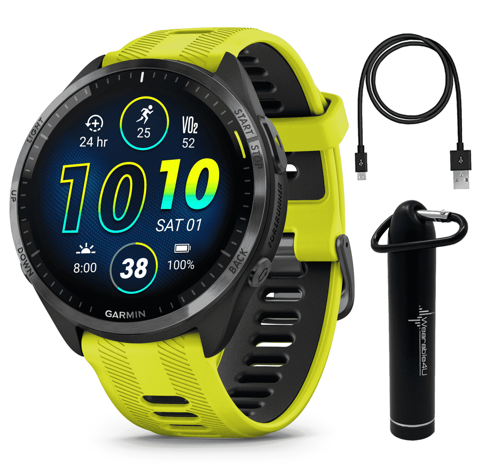 Garmin Forerunner 965 Premium GPS Running and Triathlon Smartwatch with AMOLED Touchscreen Display, Carbon Gray DLC Titanium Bezel and Amp Yellow Silicone Band with Wearable4U Power bank Bundle
