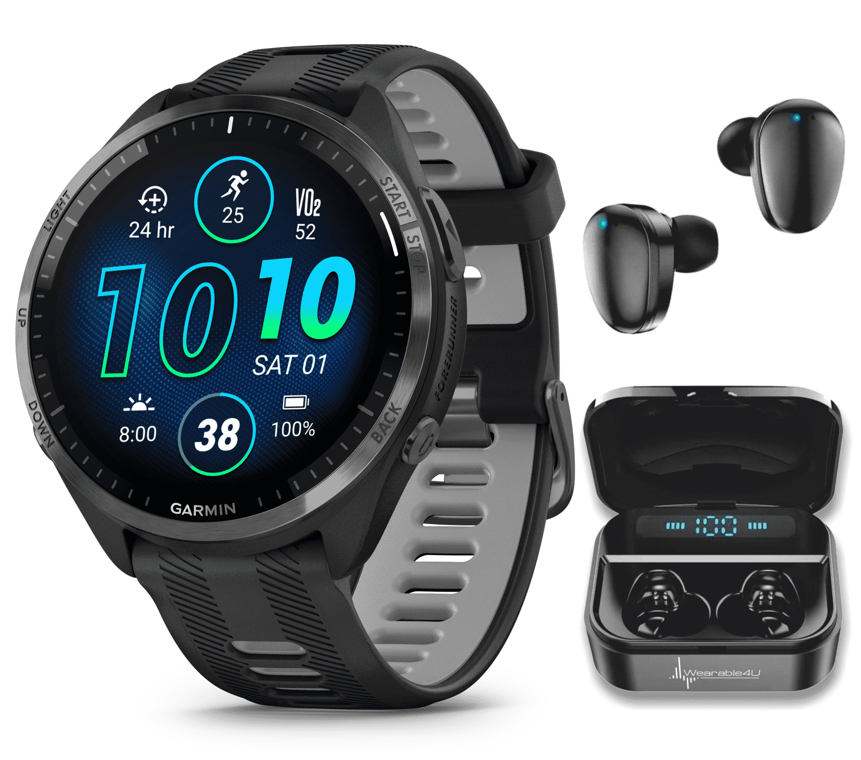 Garmin Forerunner 965 Premium GPS Running and Triathlon Smartwatch with AMOLED Touchscreen Display, Carbon Gray DLC Titanium Bezel with Black Silicone Band with Black EarBuds Bundle