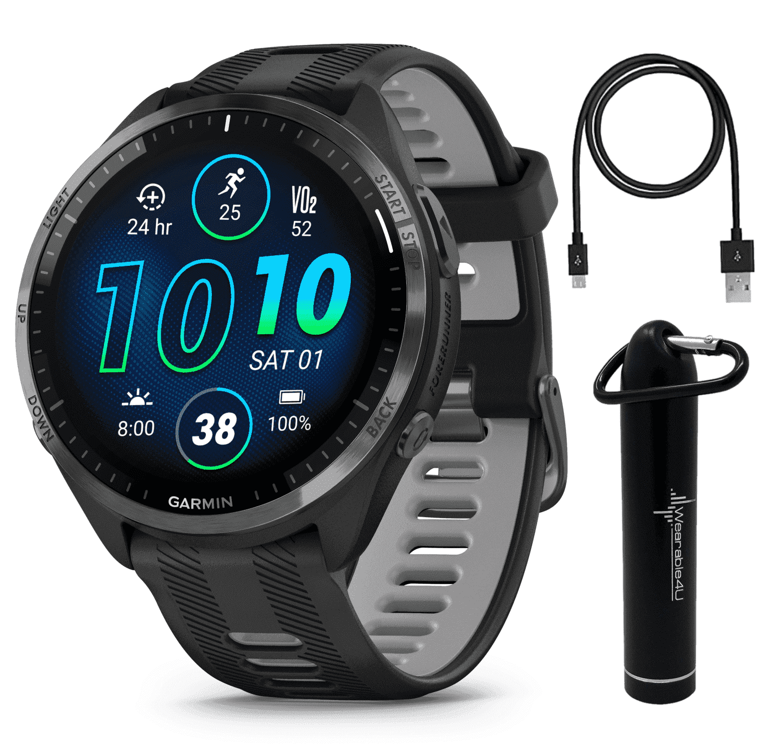 Garmin Forerunner 965 Premium GPS Running and Triathlon Smartwatch with AMOLED Touchscreen Display, Carbon Gray DLC Titanium Bezel with Black Silicone Band with Wearable4U Power bank Bundle