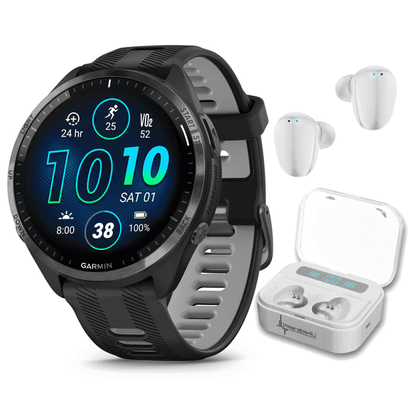 Garmin Forerunner 965 Premium GPS Running and Triathlon Smartwatch with AMOLED Touchscreen Display, Carbon Gray DLC Titanium Bezel with Black Silicone Band with Wearable4U White EarBuds Bundle