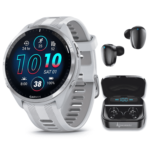 Garmin Forerunner 965 Premium GPS Running and Triathlon Smartwatch with AMOLED Touchscreen Display, Titanium Bezel with Whitestone Silicone Band with Wearable4U Black EarBuds Bundle