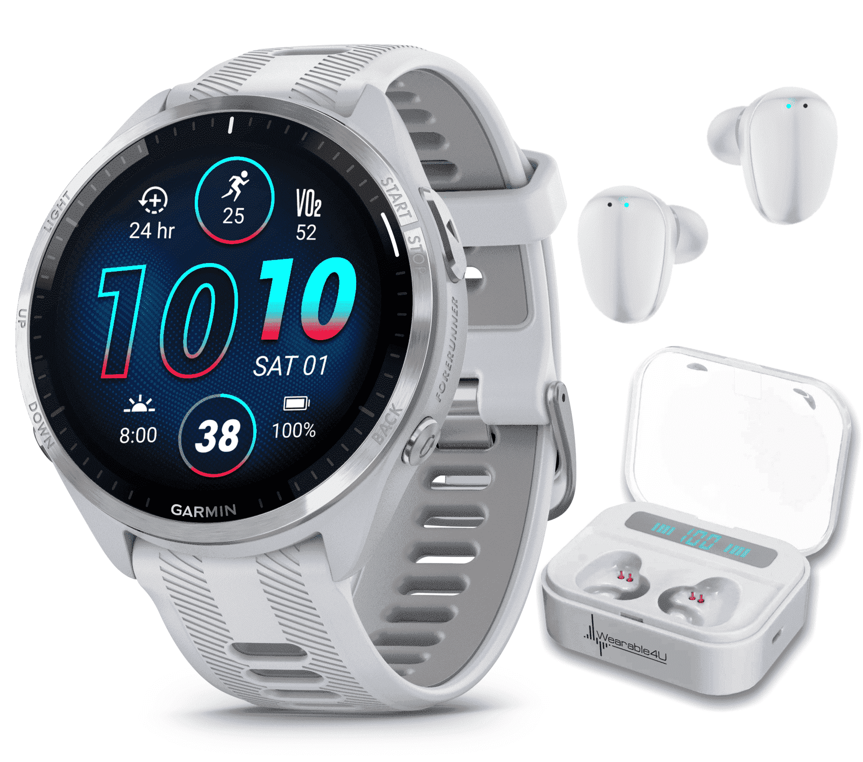 Garmin Forerunner 965 Premium GPS Running and Triathlon Smartwatch with AMOLED Touchscreen Display, Titanium Bezel with Whitestone Silicone Band with Wearable4U White EarBuds Bundle