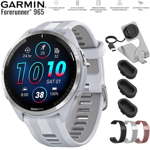 Garmin Forerunner 965 Running Smartwatch Whitestone and Powder Gray 010-02809-01 Bundle with Deco Essentials 22mm Milanese Band 3 Pack, Charging Dock and Silicone Dust Cover 3 Pack