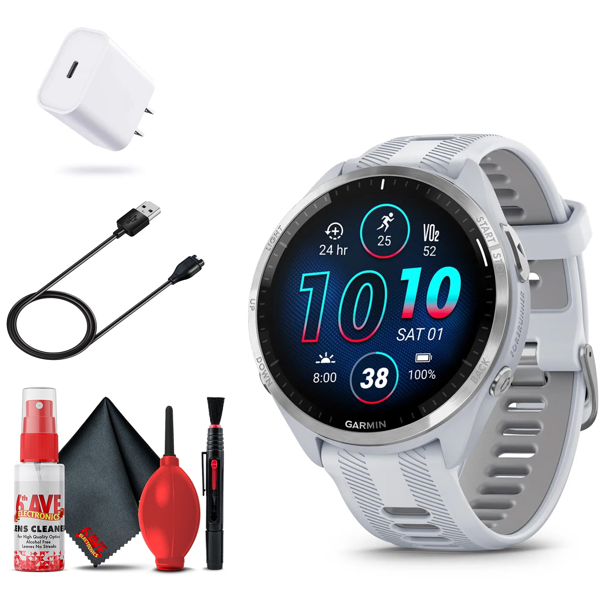 Garmin Forerunner 965 Smartwatch (White) Bundle with USB-C Charging Cable  and Adapter, 6Ave Cleaning Kit, and Extended Protection