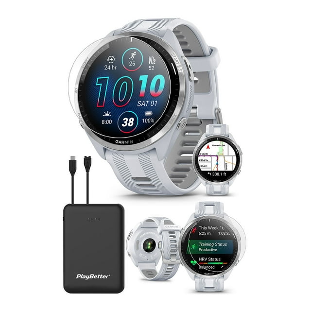 Garmin Forerunner 965 (Whitestone/Gray) Premium Running & Triathlon GPS Smartwatch | Bundle with PlayBetter Screen Protectors & Portable Charger