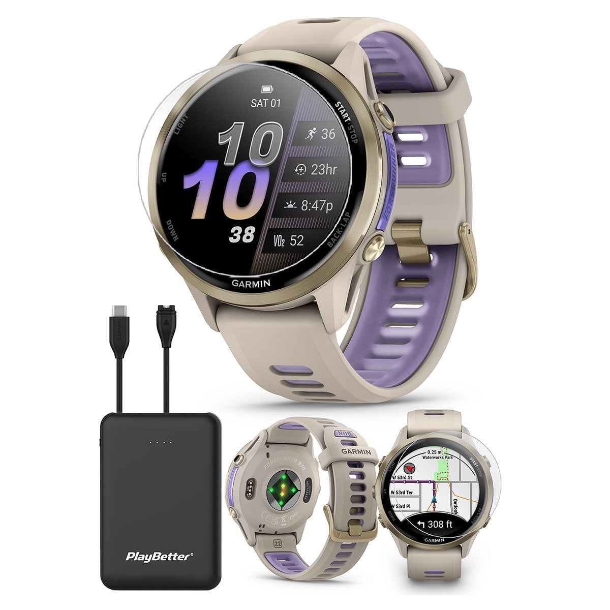 Garmin Forerunner 970 (French Gray/Indigo) Running & Triathlon GPS Smartwatch Bundle with PlayBetter Portable Charger & HD Screen Protectors