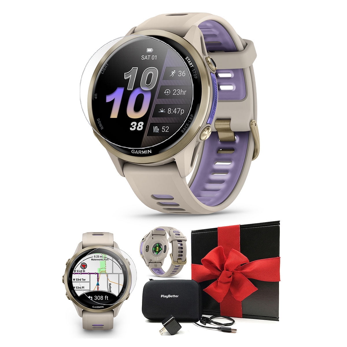 Garmin Forerunner 970 (French Gray/Indigo) Running & Triathlon GPS Smartwatch Gift Box Bundle with PlayBetter HD Screen Protectors, Wall Adapter & Hard Case