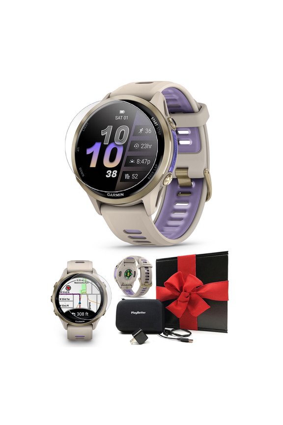 Garmin Forerunner 970 (French Gray/Indigo) Running & Triathlon GPS Smartwatch Gift Box Bundle with PlayBetter HD Screen Protectors, Wall Adapter & Hard Case