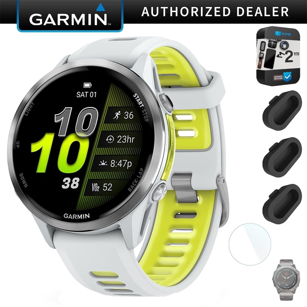 Garmin Forerunner 970 GPS Smartwatch, Titanium and Whitestone/Yellow Band Bundle with 2 Year Protection Pack + Silicone Dust Cover (3-Pack) + 1.4 Inch Screen Protector