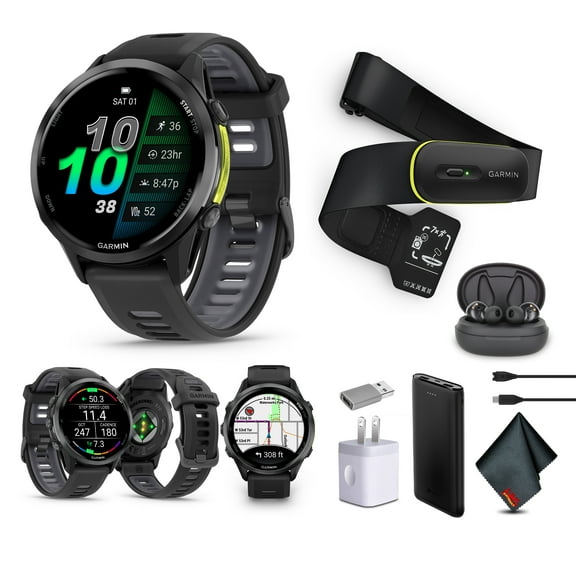 Garmin Forerunner 970 Running Smartwatch, GPS Fitness Smart Watch For Men And Women, Carbon Gray DLC Titanium with Black Case/Translucent Whitestone Band + Access 600 Fitness Monitor XS-S + More
