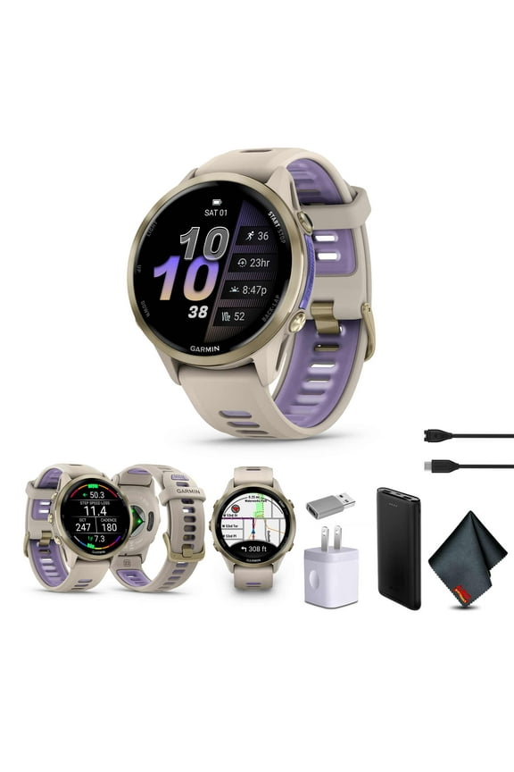 Forerunner 970 Running Smartwatch, GPS Fitness Smart Watch For Men And Women, Soft Gold Titanium with French Gray Case and French Gray/Translucent Indigo Band Bundle With P-Bank + More