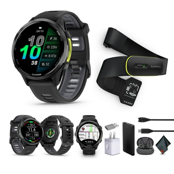 Garmin Forerunner 970 Running Smartwatch, GPS Fitness Watch For Men And Women, Carbon Gray DLC Titanium with Black Case/Translucent Whitestone Band + Access 600 Fitness Monitor, M-XL + More