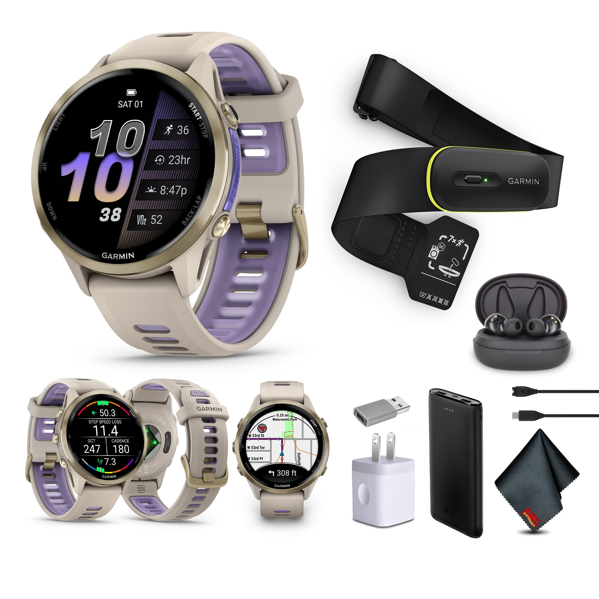 Garmin Forerunner 970 Running Smartwatch, GPS Fitness Watch For Men And Women, Soft Gold Titanium with French Gray Case/Translucent Indigo Band​ + Access 600 Fitness Monitor, XS-S​​ + More