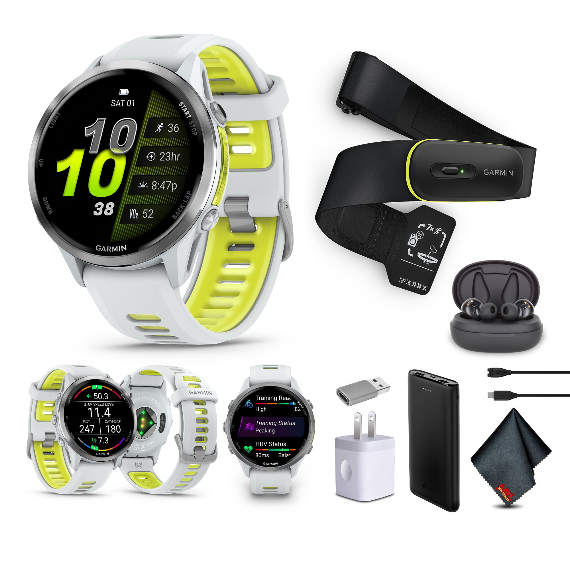 Garmin Forerunner 970 Running Smartwatch, GPS Fitness Watch For Men And Women, Titanium with Whitestone Case and Whitestone/Translucent Amp Yellow Band​​ + Access 600 Fitness Monitor, XS-S​​ + More