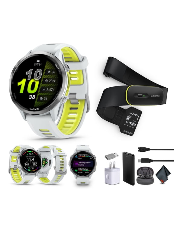 Forerunner 970 Running Smartwatch, GPS Fitness Watch For Men And Women, Titanium with Whitestone Case and Whitestone/Translucent Amp Yellow Band + Access 600 Fitness Monitor, M-XL + More