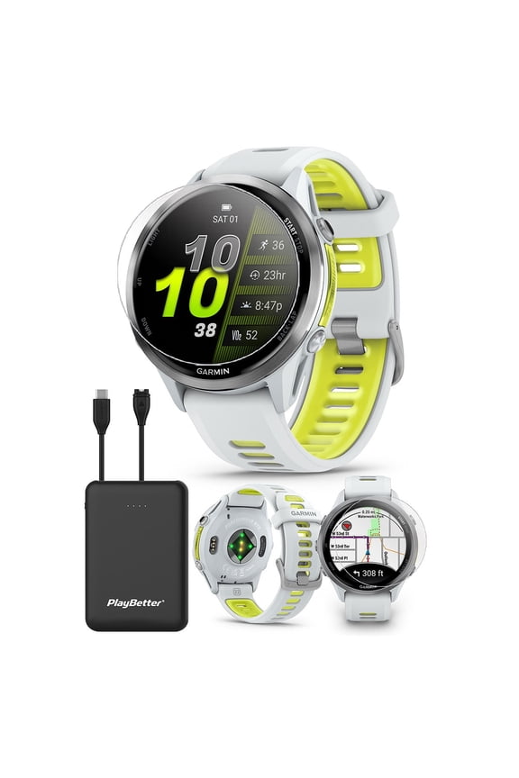 Garmin Forerunner 970 (Whitestone/Amp Yellow) Running & Triathlon GPS Smartwatch Bundle with PlayBetter Portable Charger & HD Screen Protectors