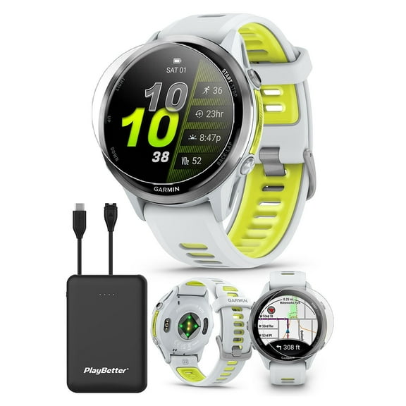 Garmin Forerunner 970 (Whitestone/Amp Yellow) Running & Triathlon GPS Smartwatch Bundle with PlayBetter Portable Charger & HD Screen Protectors