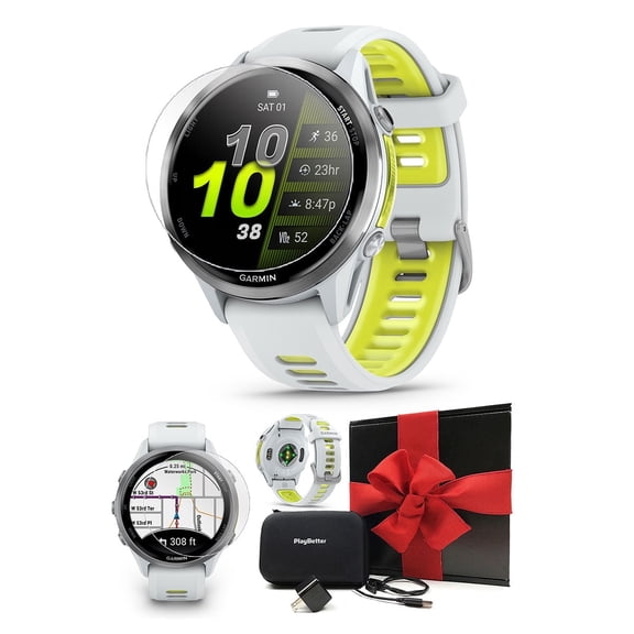 Garmin Forerunner 970 (Whitestone/Amp Yellow) Triathlon GPS Smartwatch Gift Box Bundle with PlayBetter HD Screen Protectors, Wall Adapter & Hard Case