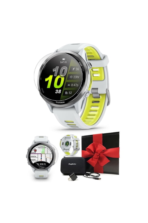 Garmin Forerunner 970 (Whitestone/Amp Yellow) Triathlon GPS Smartwatch Gift Box Bundle with PlayBetter HD Screen Protectors, Wall Adapter & Hard Case