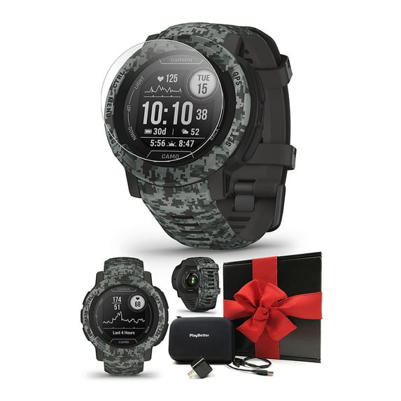 Garmin Instinct 2 Camo (Graphite) Rugged GPS Smartwatch Gift Box Bundle, Includes PlayBetter HD Screen Protectors, Wall Adapter, & Protective Hard Case