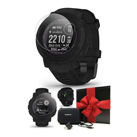 Garmin Instinct 2 Solar Tactical (Black) Rugged GPS Smartwatch Gift Box Bundle, Includes PlayBetter HD Screen Protectors, Wall Adapter, & Protective Hard Case